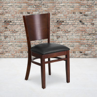 Flash Furniture XU-DG-W0094B-WAL-BLKV-GG Lacey Series Solid Back Walnut Wooden Restaurant Chair - Black Vinyl Seat